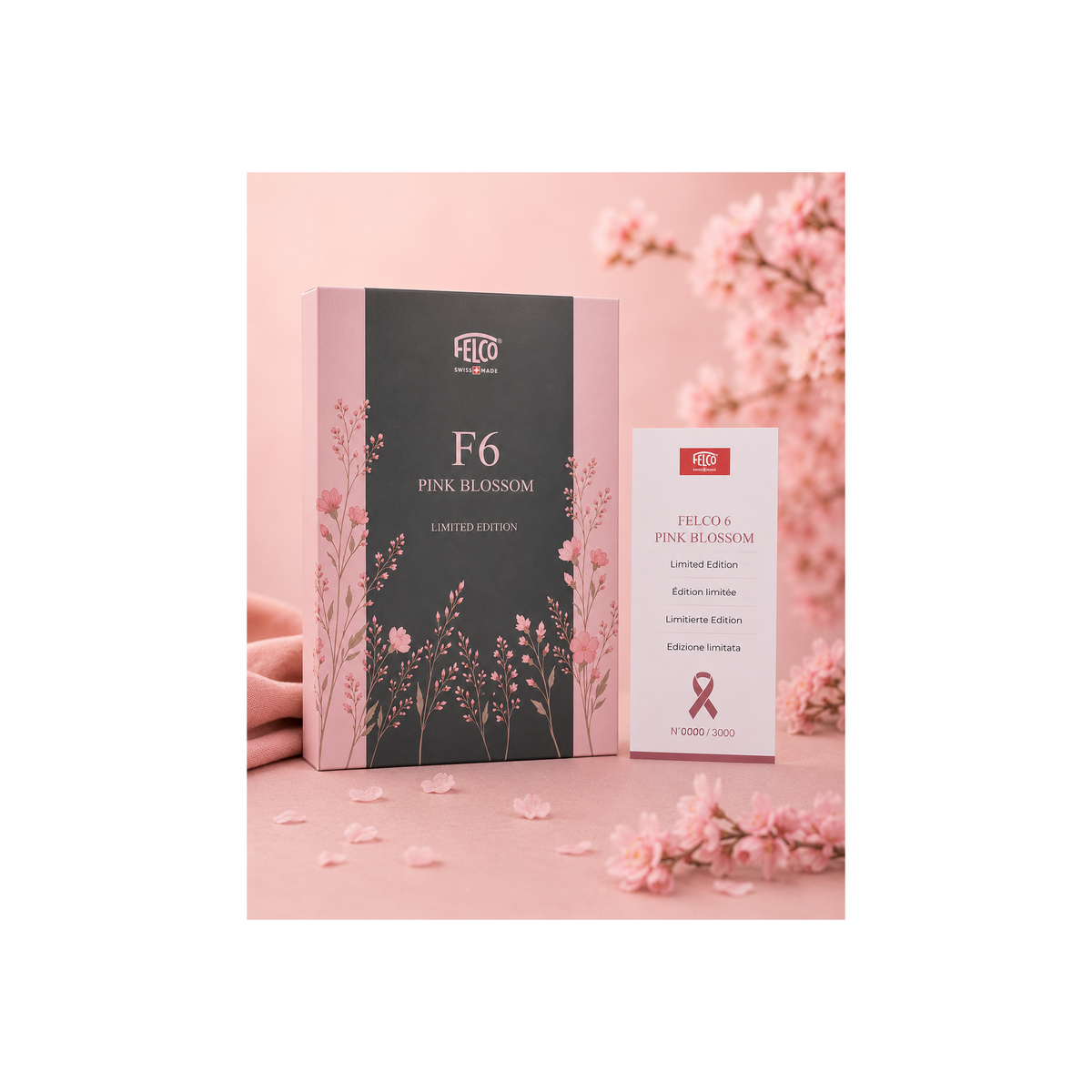 Standing Pink Blossom presentation box beside its individually numbered leaflet.